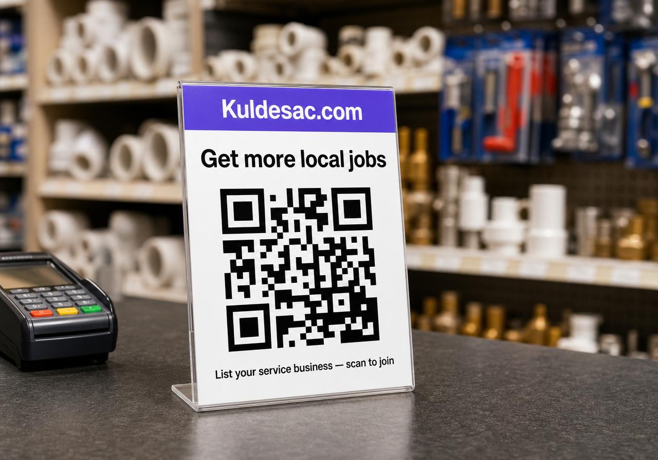 Kuldesac QR tabletop stand at a supply store checkout counter