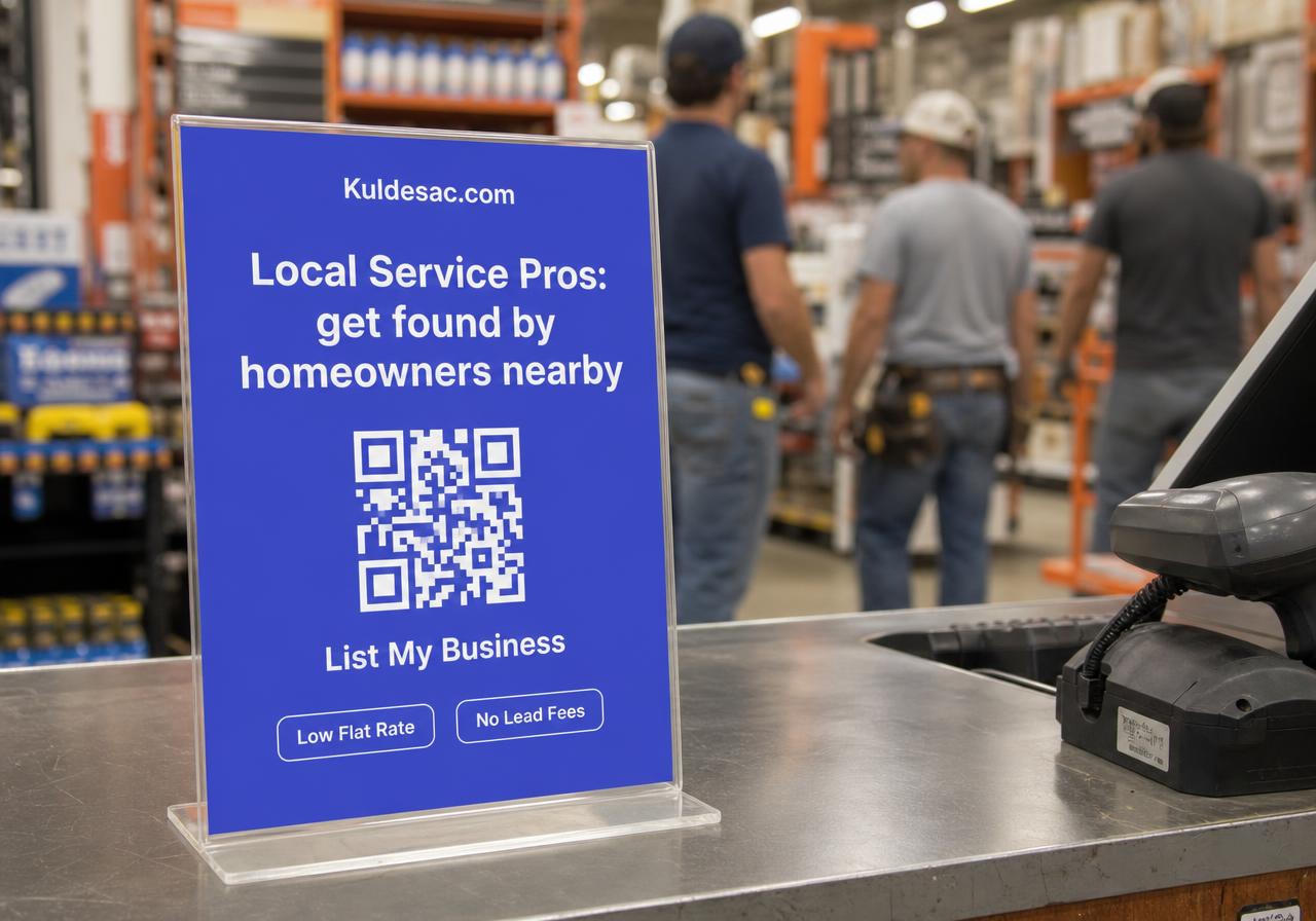 A small acrylic QR code stand on a hardware store checkout counter with contractors shopping in the background